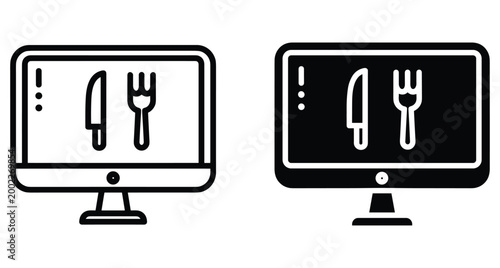 Online food ordering icon set featuring computer monitors with knife and fork symbols for digital restaurant menus and delivery services