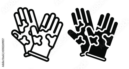 Protective work gloves icon set with camouflage pattern for gardening cleaning or industrial safety equipment in outline and solid styles