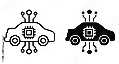 Smart car technology icon set featuring autonomous vehicle with microchip processor and electronic circuit lines for automotive software systems and connectivity
