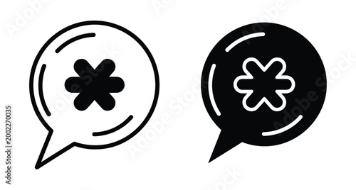 Speech bubble icons with asterisk symbol inside representing chat notification message alert or password field character in outline and solid styles