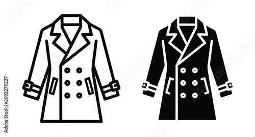 Trench coat icon set featuring outline and solid glyph styles for fashion apparel outerwear clothing design elements and web interface
