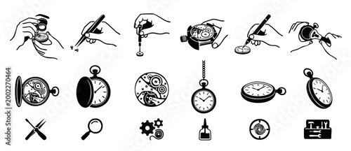 Watch Repair Icons Set with Professional Tools and Clock Mechanisms, Detailed Horology Maintenance Illustrations for Skilled Artisans, Vintage Pocket Watches and Precision Engineering Concept Symbols