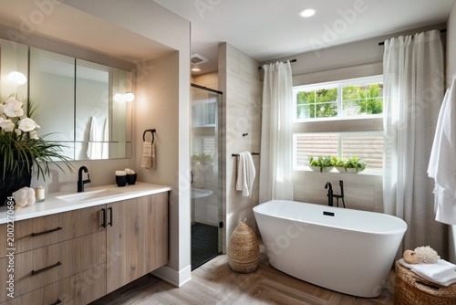 Modern Bathroom Design With Tub, Shower, and Large Windows in a Bright Space