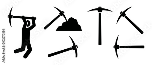 Pickaxe Icon Set, Miner Silhouette Mining Tools Collection, Worker Using Pickaxe Vector Graphics for Construction, Excavation, Geology, Mining Industry, Industrial Equipment Symbols, Black Flat Isolat