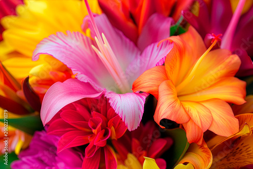 Vibrant exotic flowers with unusual shapes forming a full frame bouquet, captured in high resolution professional photography with rich colors and fine detail.