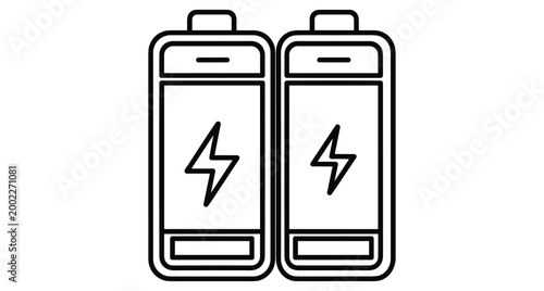 Pair of rechargeable battery line icons showing electric charge level and energy storage for technology gadgets and portable power supply