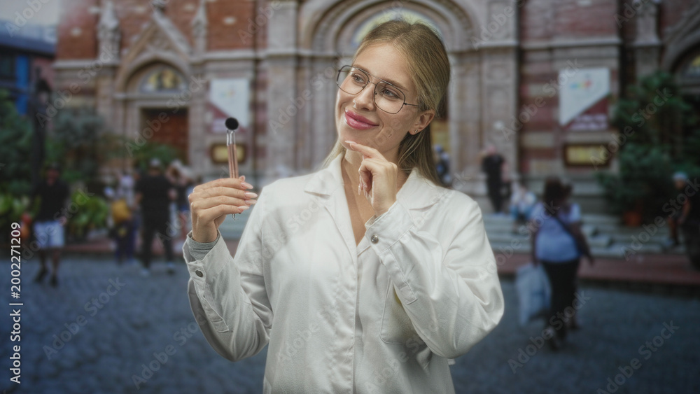 Fototapeta premium Woman dentist in white coat wearing glasses holding dental mirror and touching chin on a building plaza; dental care confidence.