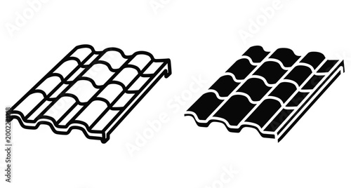 Roof tile icon set showing wavy ceramic shingles for house construction building materials architecture design element in outline and silhouette