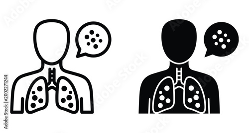 Human lung disease icon set showing respiratory infection pneumonia tuberculosis cancer nodules and breathing problems in outline and solid styles