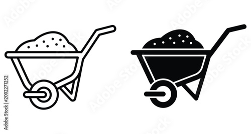 Wheelbarrow icon set showing outline and solid versions filled with dirt soil or sand for construction gardening and landscaping work
