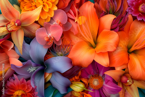 Vibrant exotic flowers with unusual shapes forming a full frame bouquet, captured in high resolution professional photography with rich colors and fine detail.