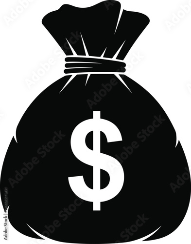 Black silhouette illustration of tied money bag with bold dollar sign symbol representing wealth, savings, profit, and financial succes