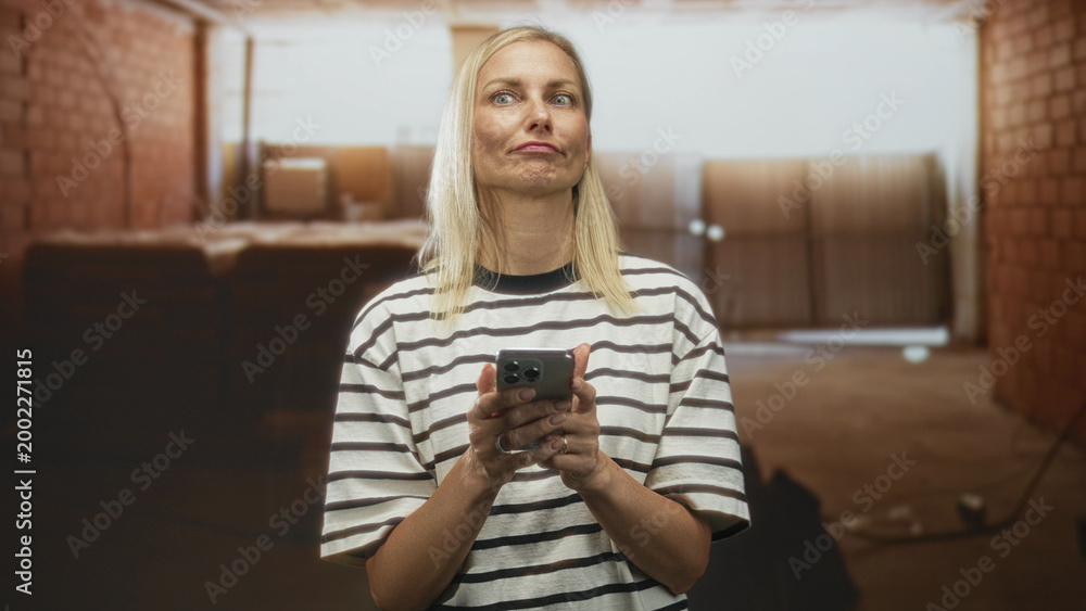 Fototapeta premium Woman holding smartphone with hands, looking up while tapping the screen inside a building with brick walls and stacked boxes; quiet contemplation.