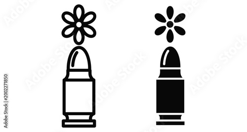 Bullet with flower icon set representing peace and non violence concept for anti war movement pacifism and social justice symbols