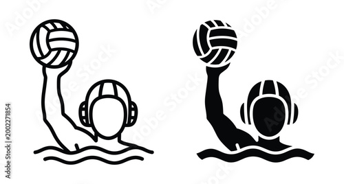 water polo player icon set featuring athlete wearing protective cap holding ball above water surface in outline and solid styles