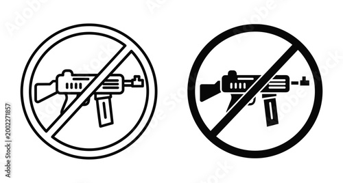 No guns allowed sign icon set featuring submachine gun silhouette inside prohibition circle for safety security and weapon control regulations
