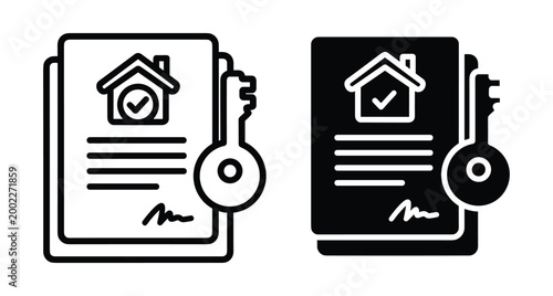 Real estate contract icon set with house key mortgage approval document signed lease agreement property ownership legal paper home purchase