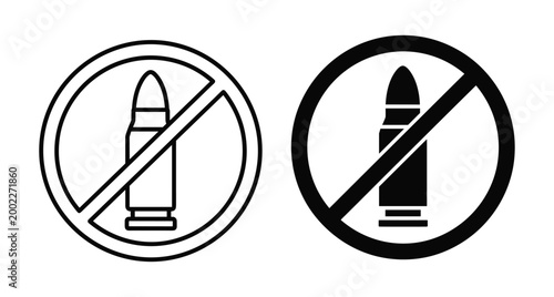 No ammunition sign icon set with bullet silhouette and outline inside prohibited circle symbol for weapon control and safety regulations