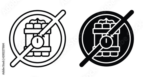 Bomb prohibited sign icon set featuring dynamite sticks with timer clock inside circle slash for safety security warning prevention control