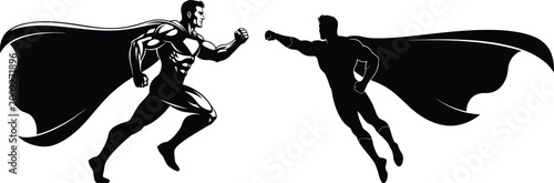 Dynamic black and white illustration of two superhero figures in mid‑air confrontation, contrasting detailed costume with dramatic silhouette
