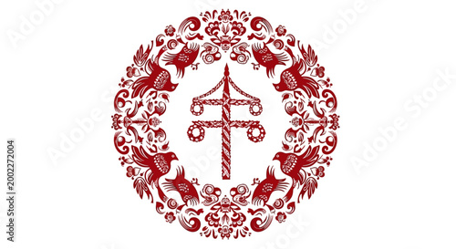 Swedish Midsummer Maypole Vector Medallion with Symmetrical Kurbits Flowers and Birds