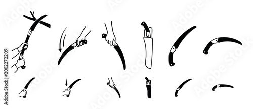 Pruning Saw Usage Icon Set, Hand Tool Instructions for Tree Trimming and Gardening, Vector Illustration of Folding Saw in Action, Sheath Storage and Cutting Technique Guide for Landscaping Maintenance