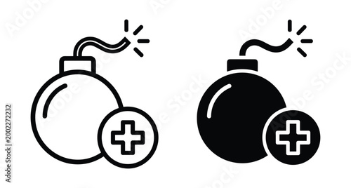 Bomb icon set with plus sign symbol representing adding a bomb or creating a new explosive device in flat style for interface design