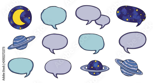 Space, astronomy, chat bubble icons, 13 speech bubbles, planet, moon, starry night isolated on White Background Editable EPS
