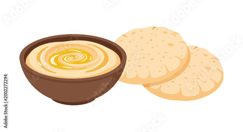 Delicious creamy hummus dip in a rustic bowl, perfectly paired with fresh, soft pita bread, offering a classic Middle Eastern appetizer or healthy snack option for sharing and enjoyment