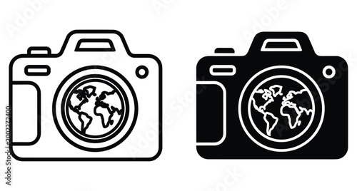 Camera icon set with world map globe lens for travel photography global journalism international media tourism and digital imaging concepts