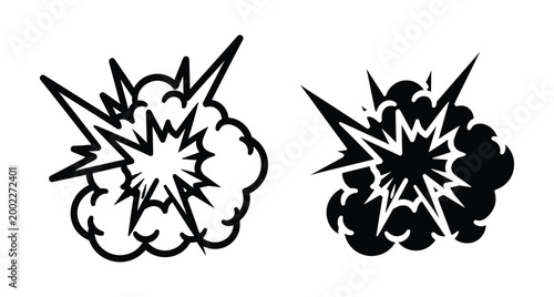 comic explosion blast cloud icons set with smoke and flash effects for pop art design and action scene illustrations