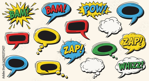 Comic speech bubbles, pop art dialogue icons, colorful chat boxes, action words isolated on White Background Editable EPS
