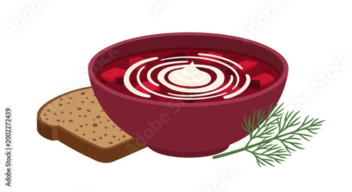 A vibrant bowl of traditional beet soup, garnished with creamy sour cream and fresh dill, served alongside a rustic slice of dark bread for a hearty and comforting meal