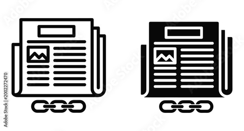 Newspaper icon set with chain link symbol representing digital news media connection journalism press release hyperlink web article information source