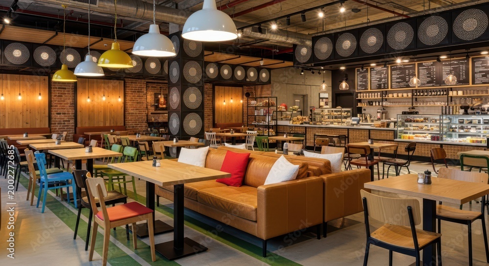 Obraz premium Modern Cafe Interior with Cozy Seating, Bright Lighting, and Stylish Decor