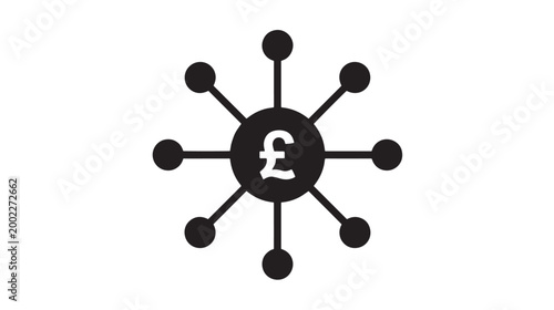 British pound sterling currency network icon, black financial distribution vector, pound money central hub connection for banking and fintech apps