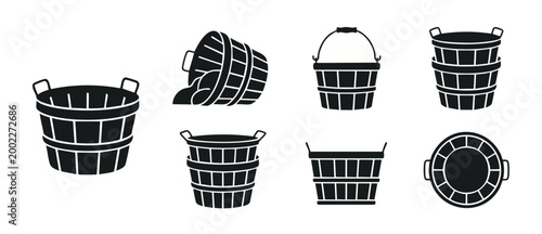 Wooden Basket Icon Set, Farm Produce Harvest Container Vector Illustration, Rustic Orchard Fruit Bushel Collection, Empty And Full Wooden Buckets For Agriculture Market Design, Simple Minimalist Graph