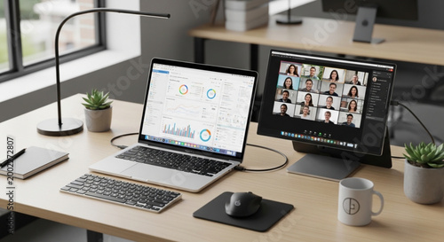 Tableau sur toile Modern Workspace Setup with Laptop and External Monitor Displaying Video Confere