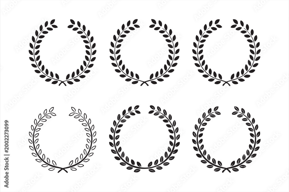 Fototapeta premium Set of six laurel wreaths, classic award and victory symbols in outline and solid black.