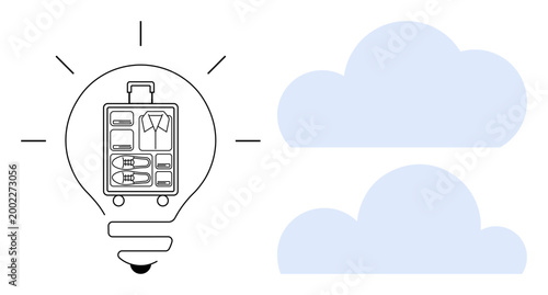 Travel organization, innovation, sustainable travel, packing tips, vacation planning, minimalism. Luggage inside a lightbulb beside two clouds. Travel organization and innovation concept