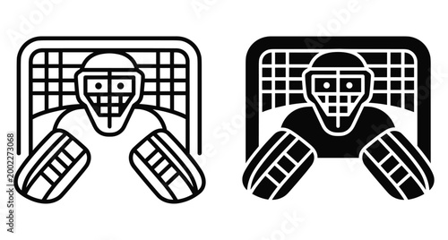Ice hockey goalie icon set featuring goaltender in front of net with protective mask and pads for sports competition design