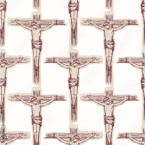 Hand drawn Jesus Christ crucifixion seamless pattern. Great for religious Easter holy week giftwrap with christian cross repeat allover design in neutral tones