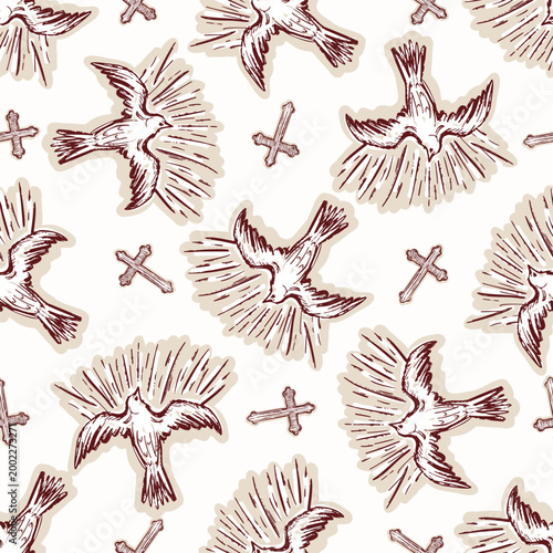 Christias holy spirit dove seamless vector pattern. Religious repeat wallpaper scripture illustration for spirit of god background. 