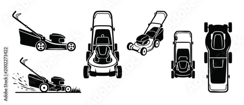 Lawn mower icons set, black and white silhouette collection of grass cutting machines, gardening equipment, side, top and perspective view isolated on white background for landscape design elements.