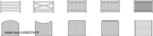 fence set, boundary walls, front view, wooden and metal, security, architectural elements, blueprint, editable stroke, vector