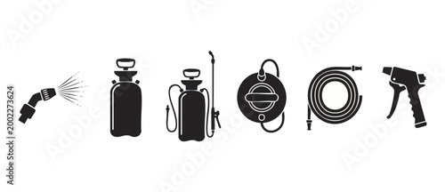 Garden Irrigation Tools Icon Set, Spraying Equipment and Water Hoses for Gardening, Lawn Care and Agriculture Vector Illustrations, Simple Black Glyph Design on White Background, Home Maintenance Tool