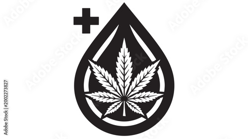 Medical cannabis oil drop icon, black and white marijuana leaf logo, herbal medicine liquid droplet with cross symbol, cbd extract vector