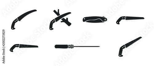 Pruning Saw Icon Set for Gardening and Forestry, Collection of Hand Tool Silhouettes for Landscaping, Tree Trimming Equipment, Professional Woodcutting Tools for Agriculture and DIY Outdoor Maintenanc