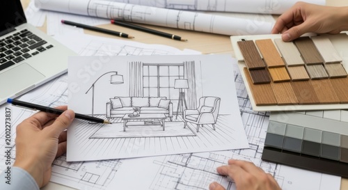 Interior Design Blueprint Architect sketching living room plan with material samples and laptop