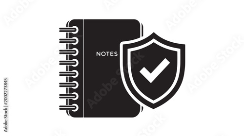 Secure notebook icon with shield and checkmark, protected notes vector illustration, private data security symbol for digital privacy and encryption